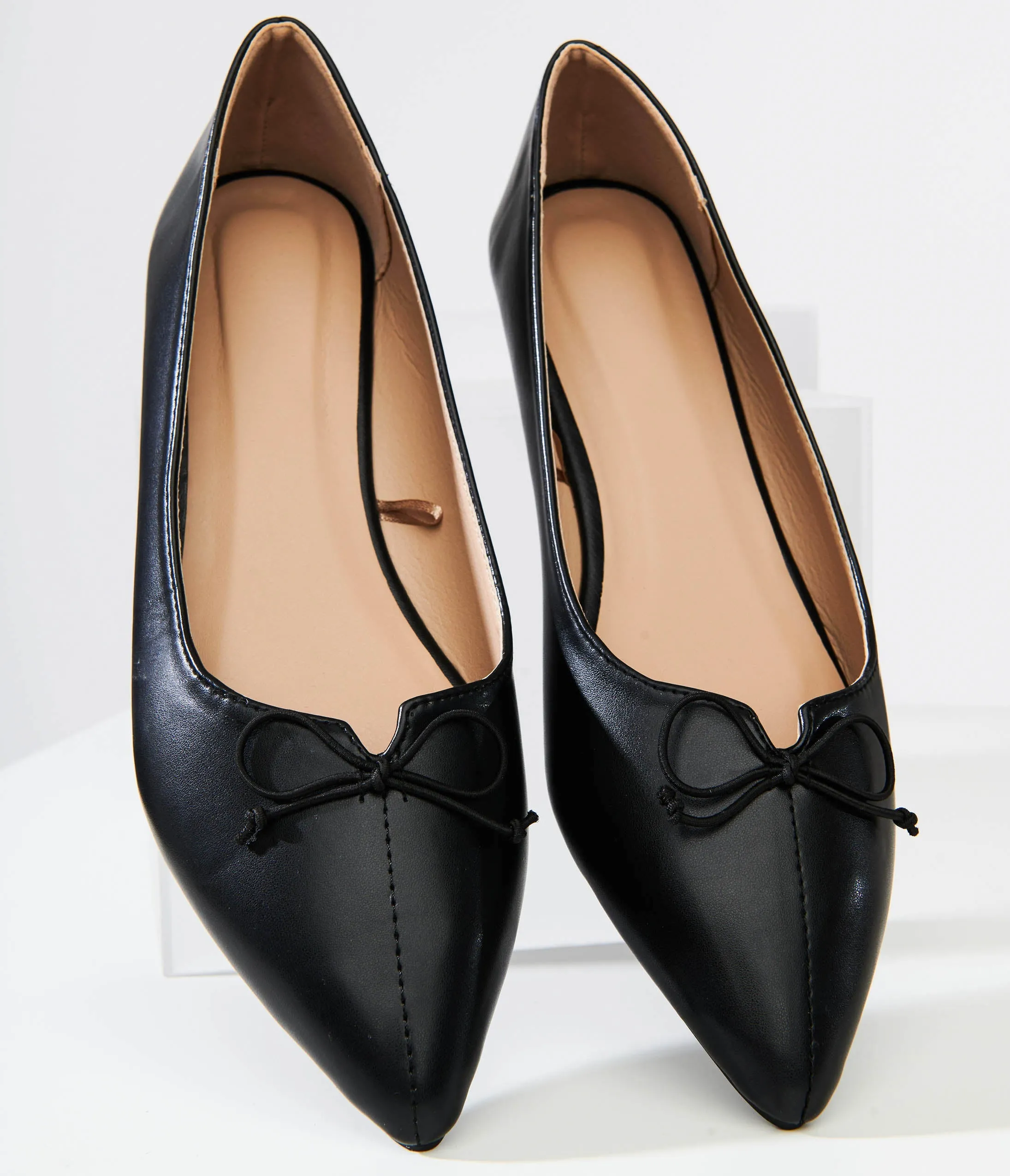 1990s Black Bow Pointed Leatherette Flats