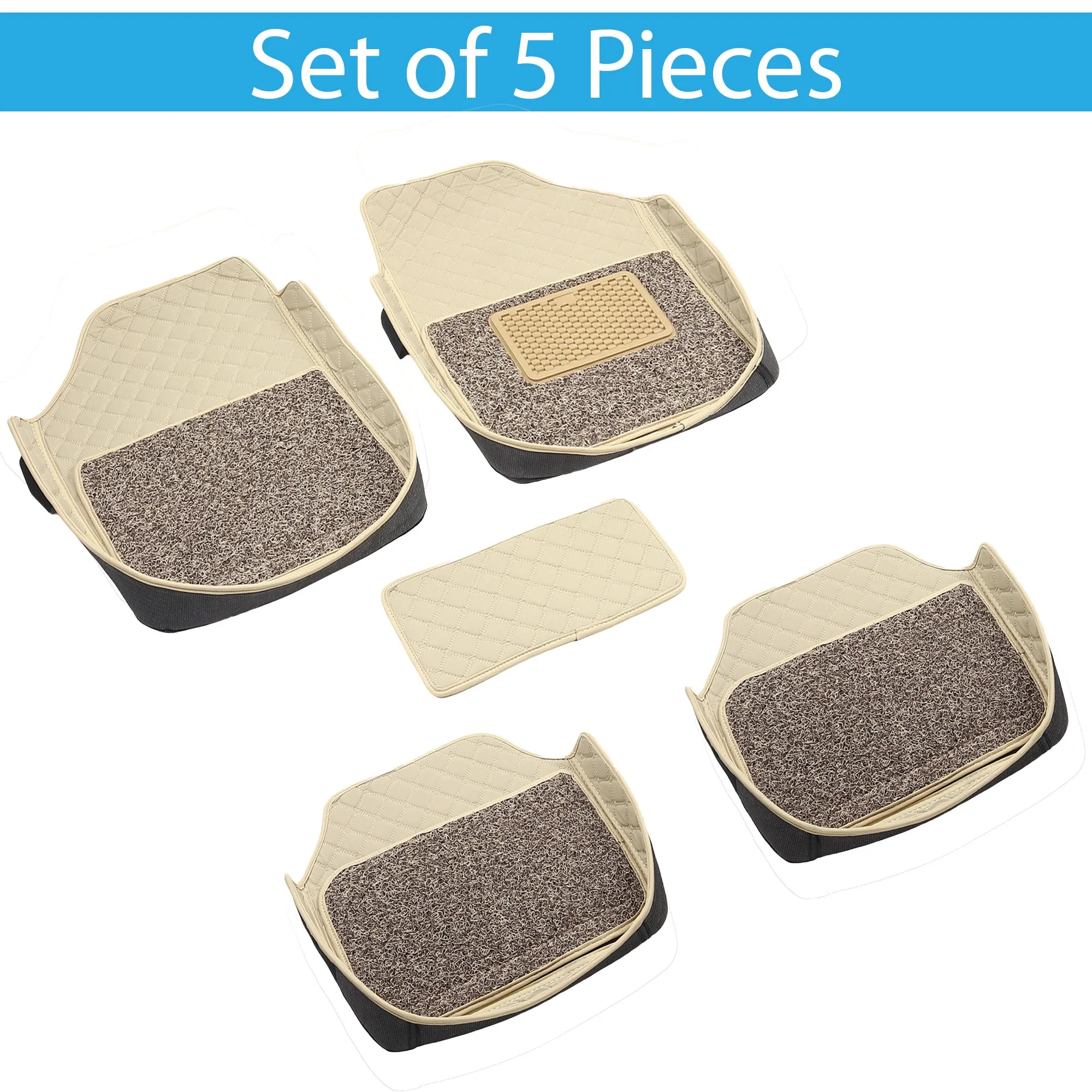 7D Car Floor Foot Mats Universal Shape Fit in All Cars - Complete Set of 5 Pieces | Top-Notch PU Leatherette | Washable | Beige