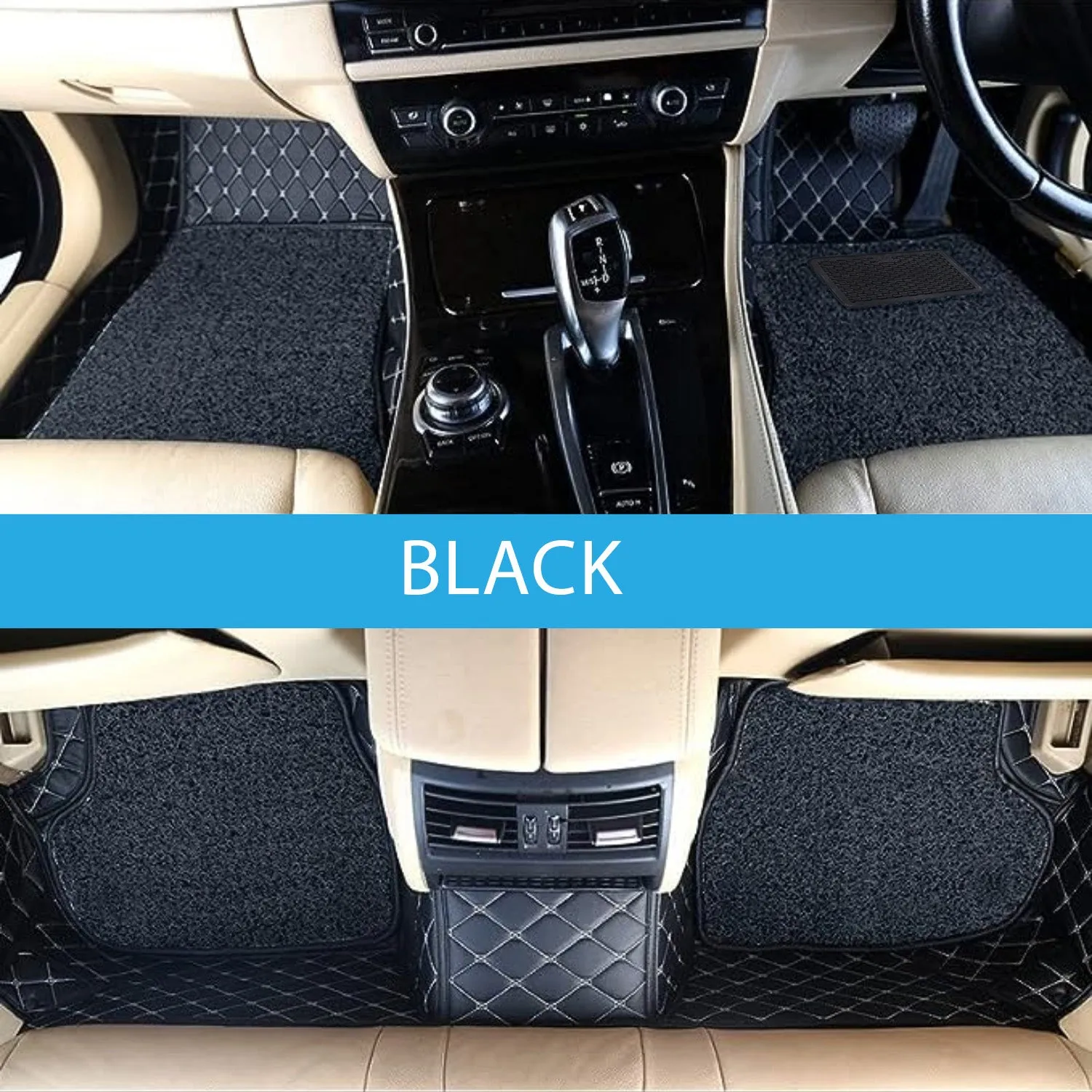 7D Car Floor Foot Mats Universal Shape Fit in All Cars - Complete Set of 5 Pieces | Top-Notch PU Leatherette | Washable | Black