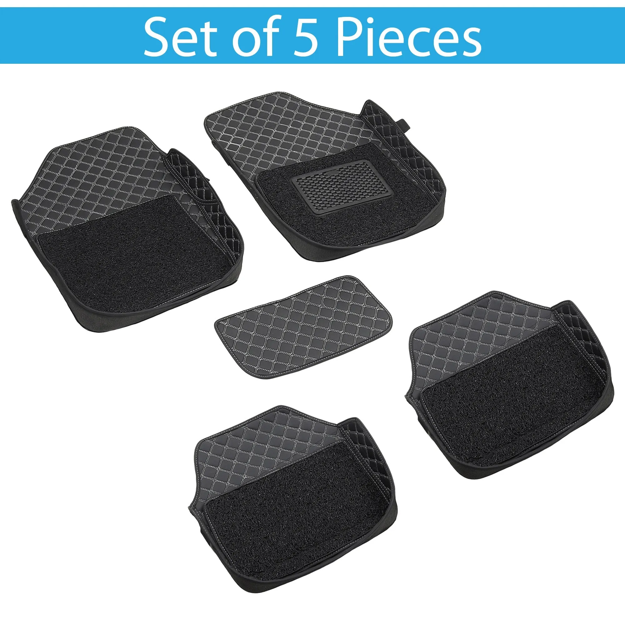 7D Car Floor Foot Mats Universal Shape Fit in All Cars - Complete Set of 5 Pieces | Top-Notch PU Leatherette | Washable | Black