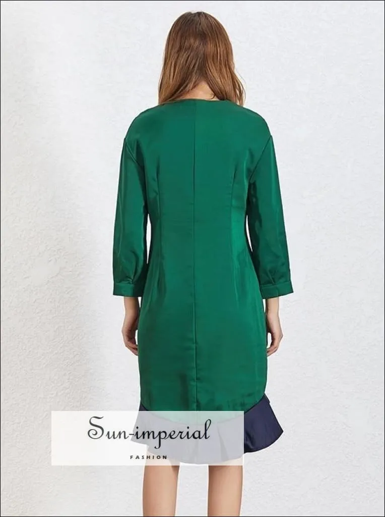 Abigail Dress - Casual V Neck Green Dress 7/8 Sleeve Ruffles Edges Knee Length Dress