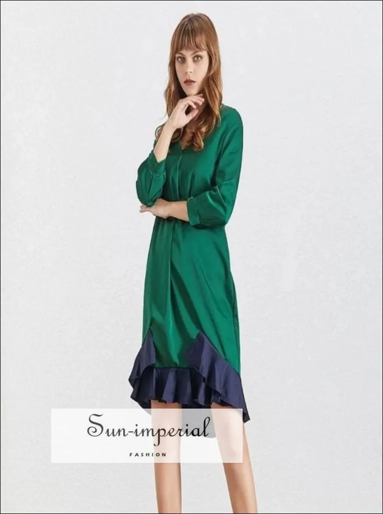 Abigail Dress - Casual V Neck Green Dress 7/8 Sleeve Ruffles Edges Knee Length Dress