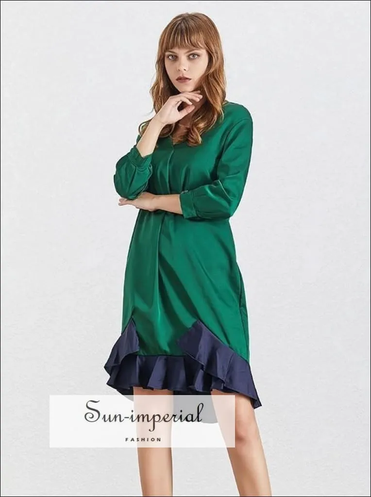 Abigail Dress - Casual V Neck Green Dress 7/8 Sleeve Ruffles Edges Knee Length Dress