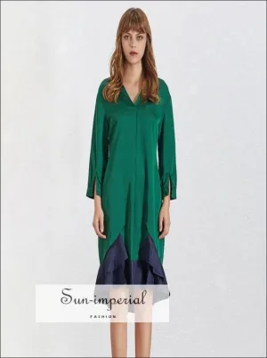 Abigail Dress - Casual V Neck Green Dress 7/8 Sleeve Ruffles Edges Knee Length Dress