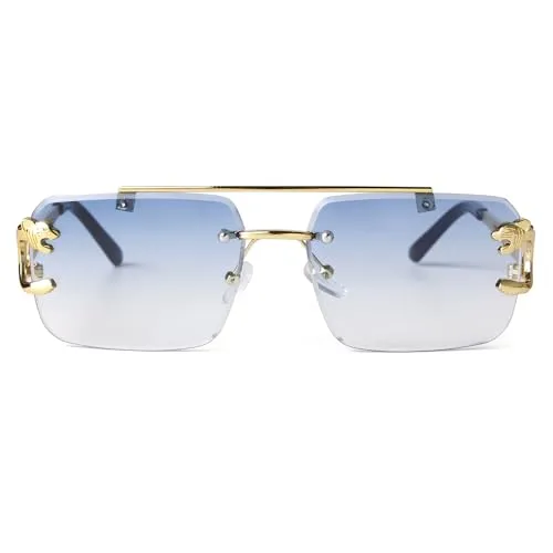 ADE WU Rimless Sunglasses for Men Fahsion Vintage Gold Metal Top Bar Aviator Frameless Tinted Lens Sun Glasses Blue Gradient 60mm