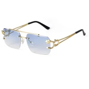 ADE WU Rimless Sunglasses for Men Fahsion Vintage Gold Metal Top Bar Aviator Frameless Tinted Lens Sun Glasses Blue Gradient 60mm