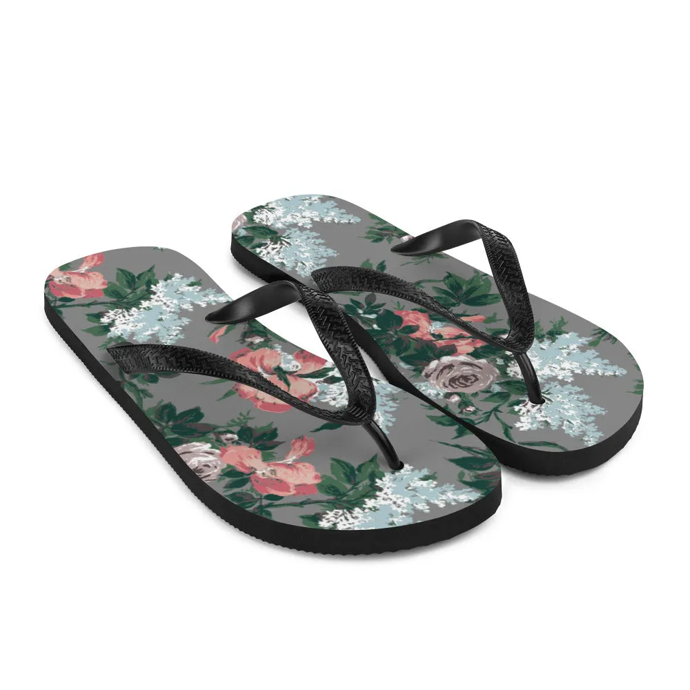 Amie Thong Flip-Flop Casual Sandals in Grey J'adore Bella Roses | Pinup Couture Relaxed