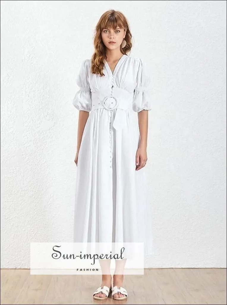 Aubrey Dress - White Dress V Neck Puff Short Sleeve High Waist Belted Dress