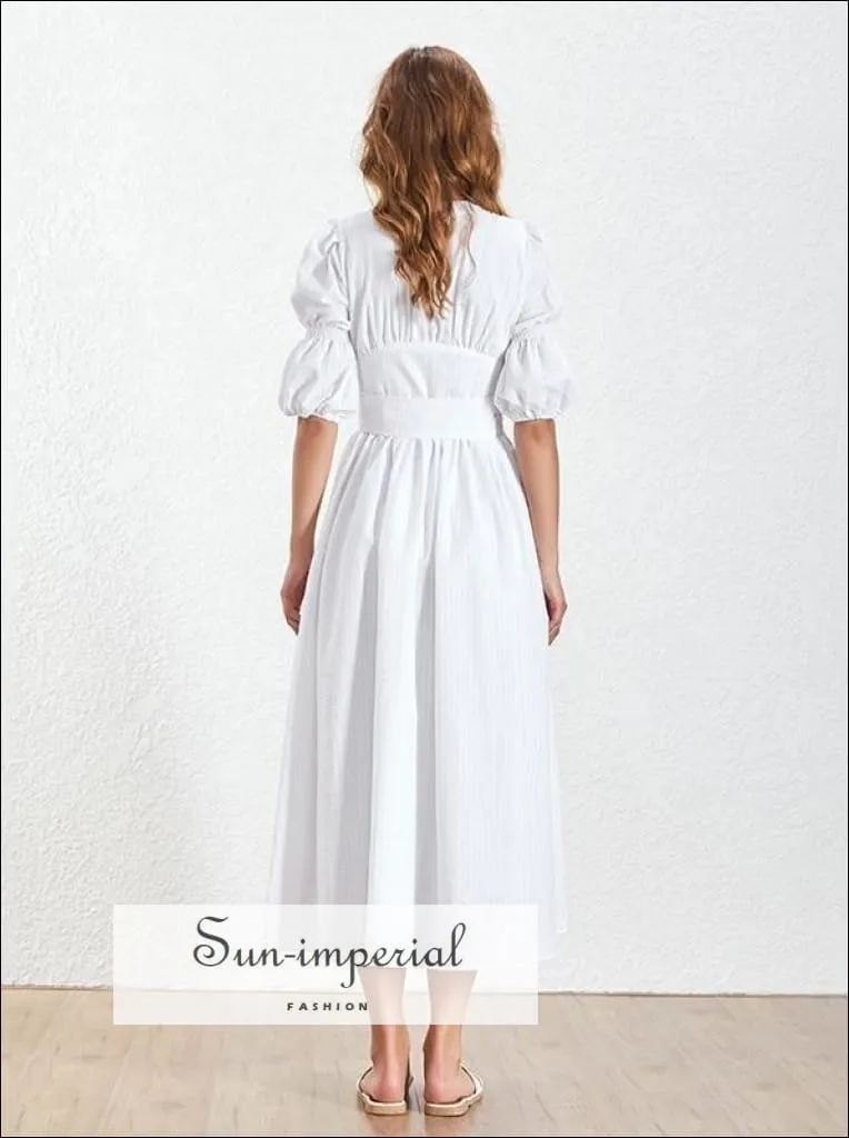 Aubrey Dress - White Dress V Neck Puff Short Sleeve High Waist Belted Dress