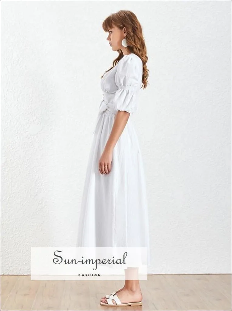 Aubrey Dress - White Dress V Neck Puff Short Sleeve High Waist Belted Dress