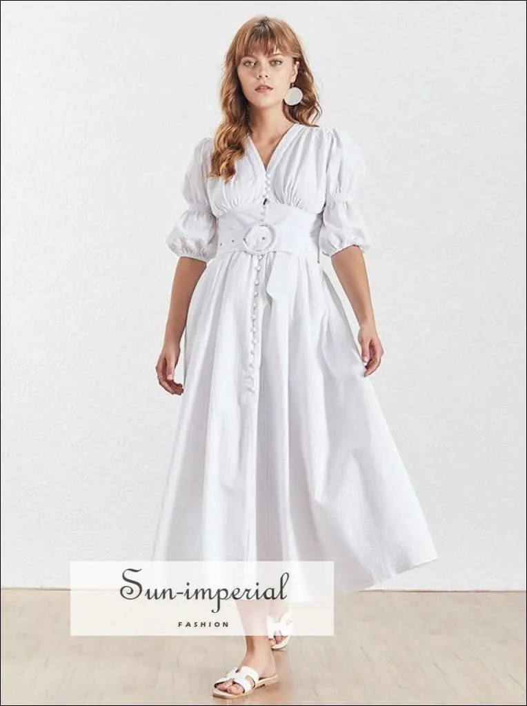 Aubrey Dress - White Dress V Neck Puff Short Sleeve High Waist Belted Dress