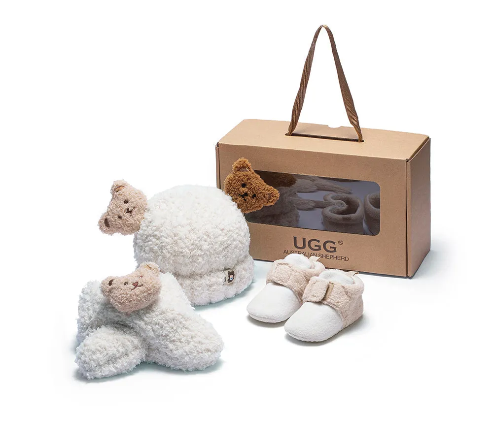 Baby Booties Gift Set with Shearling Bear Beanie and Scarf