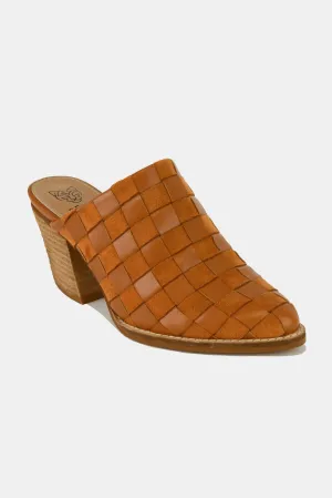 Beast Fashion Woven Checkerboard Block Heel Mule Shoes Caramel