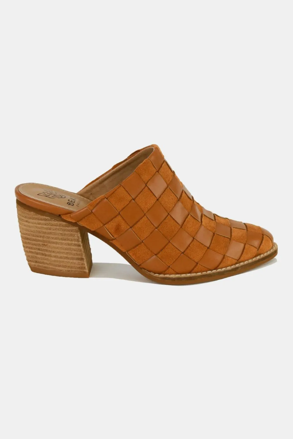 Beast Fashion Woven Checkerboard Block Heel Mule Shoes Caramel