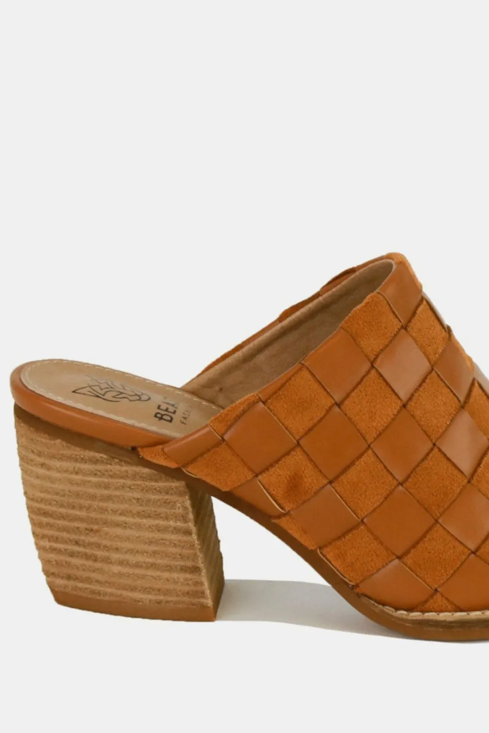 Beast Fashion Woven Checkerboard Block Heel Mule Shoes Caramel