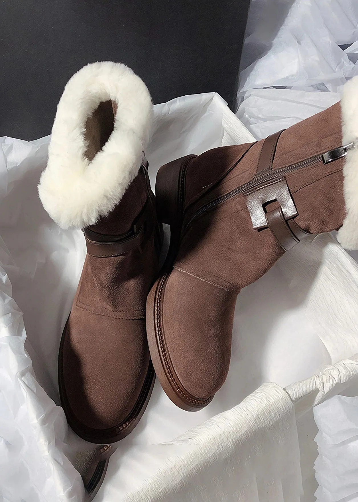 Belted Buckle Genuine Suede Shearling Lined Booties