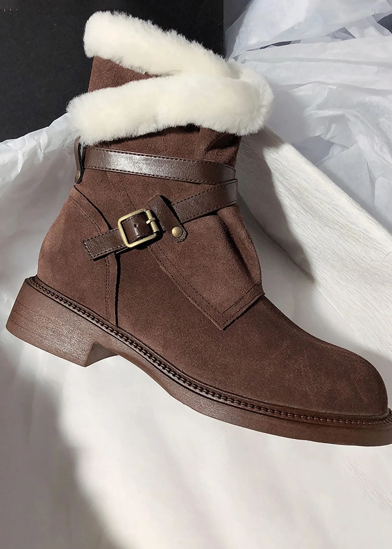 Belted Buckle Genuine Suede Shearling Lined Booties