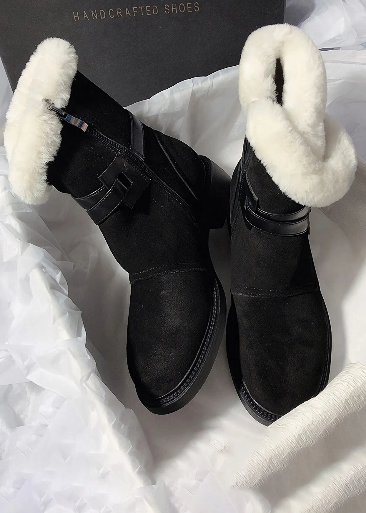 Belted Buckle Genuine Suede Shearling Lined Booties