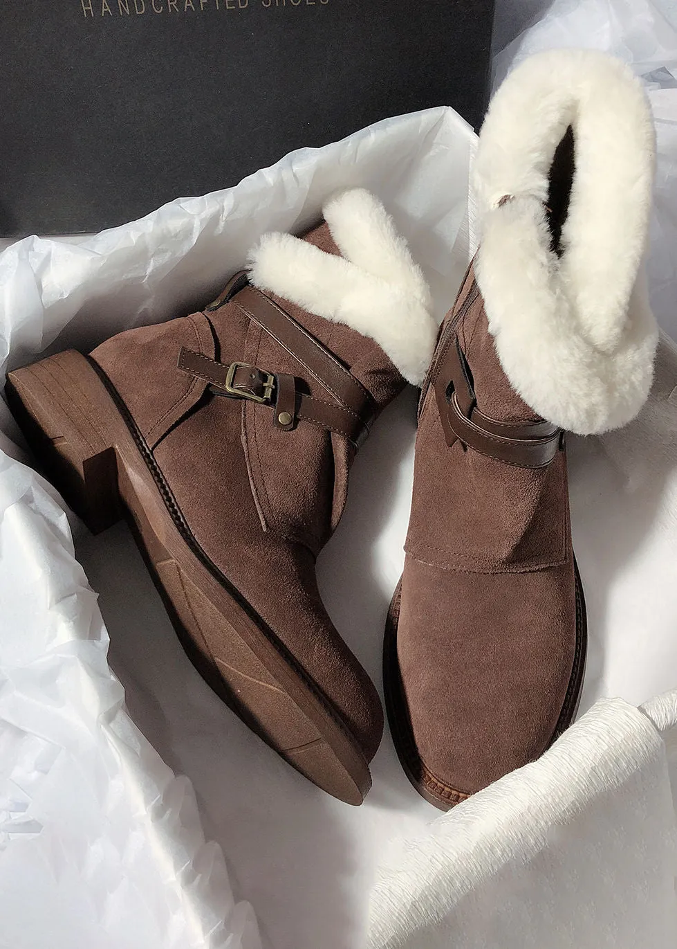 Belted Buckle Genuine Suede Shearling Lined Booties