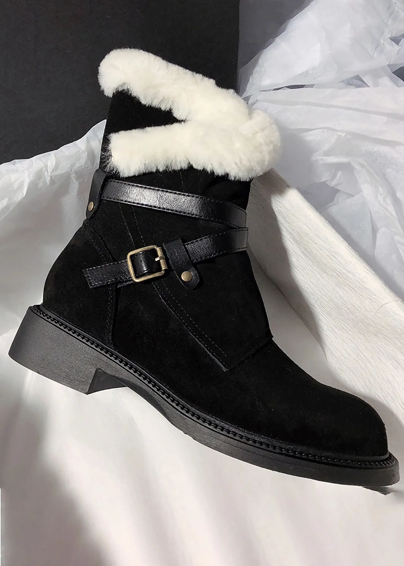 Belted Buckle Genuine Suede Shearling Lined Booties