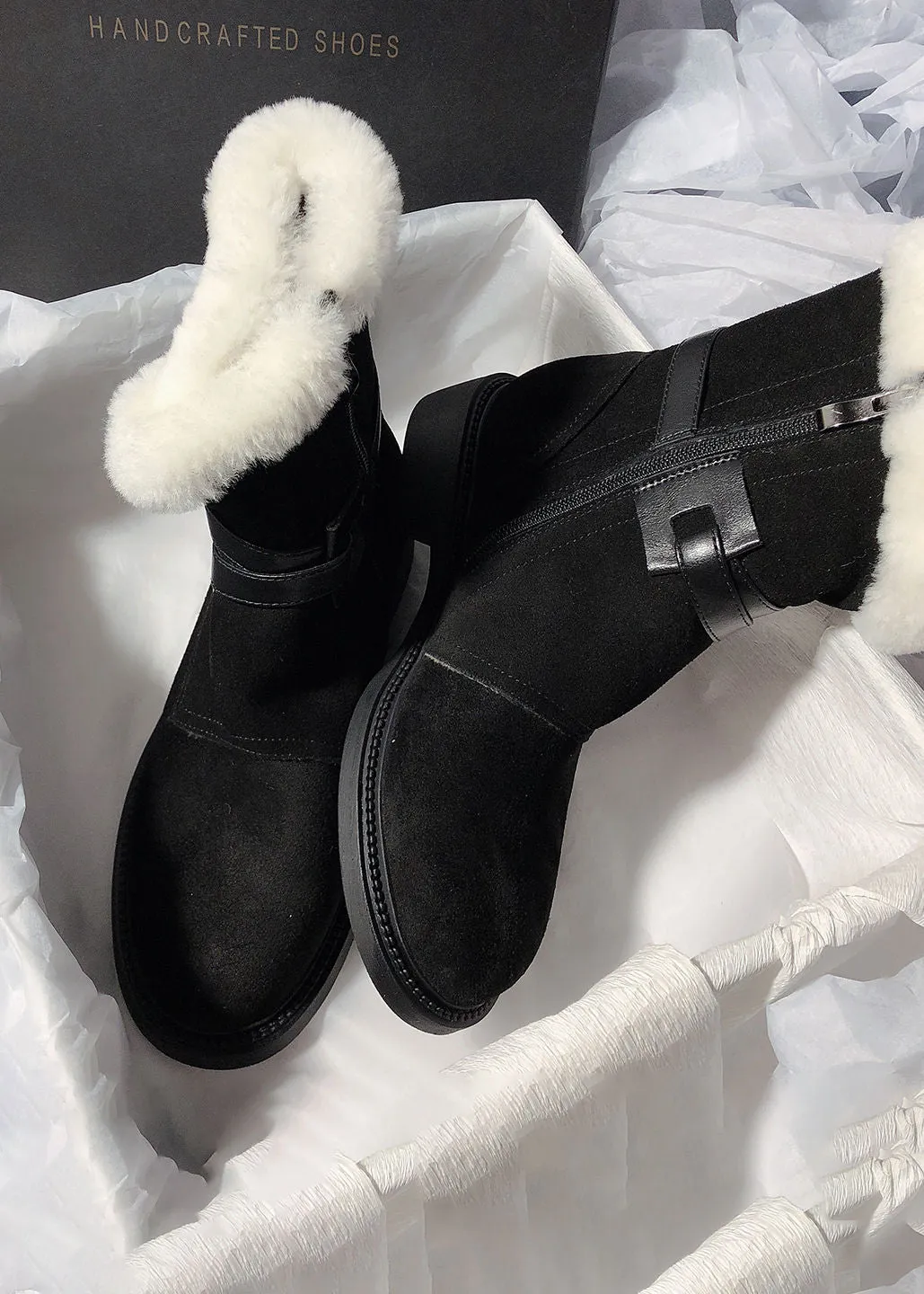 Belted Buckle Genuine Suede Shearling Lined Booties