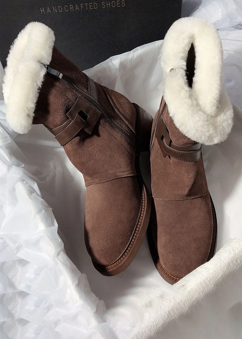 Belted Buckle Genuine Suede Shearling Lined Booties