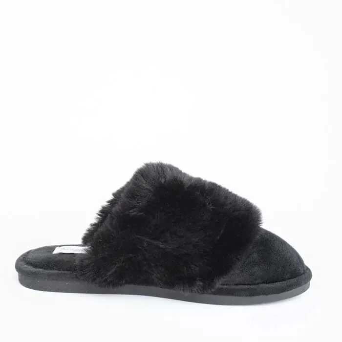 BLACK FURRY MULE SLIPPERS