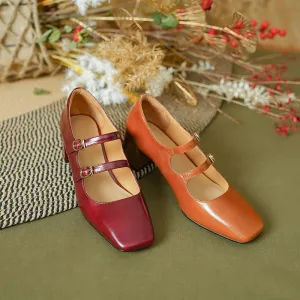 Block Heel Dress Shoes Handmade Leather Mary Jane Pumps Double-strap in Red/Brown