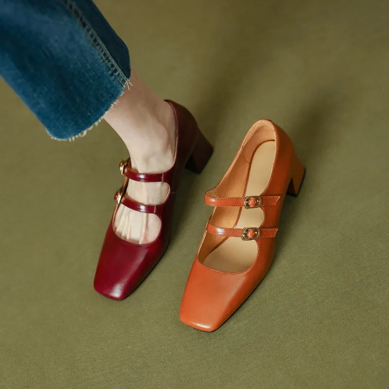 Block Heel Dress Shoes Handmade Leather Mary Jane Pumps Double-strap in Red/Brown