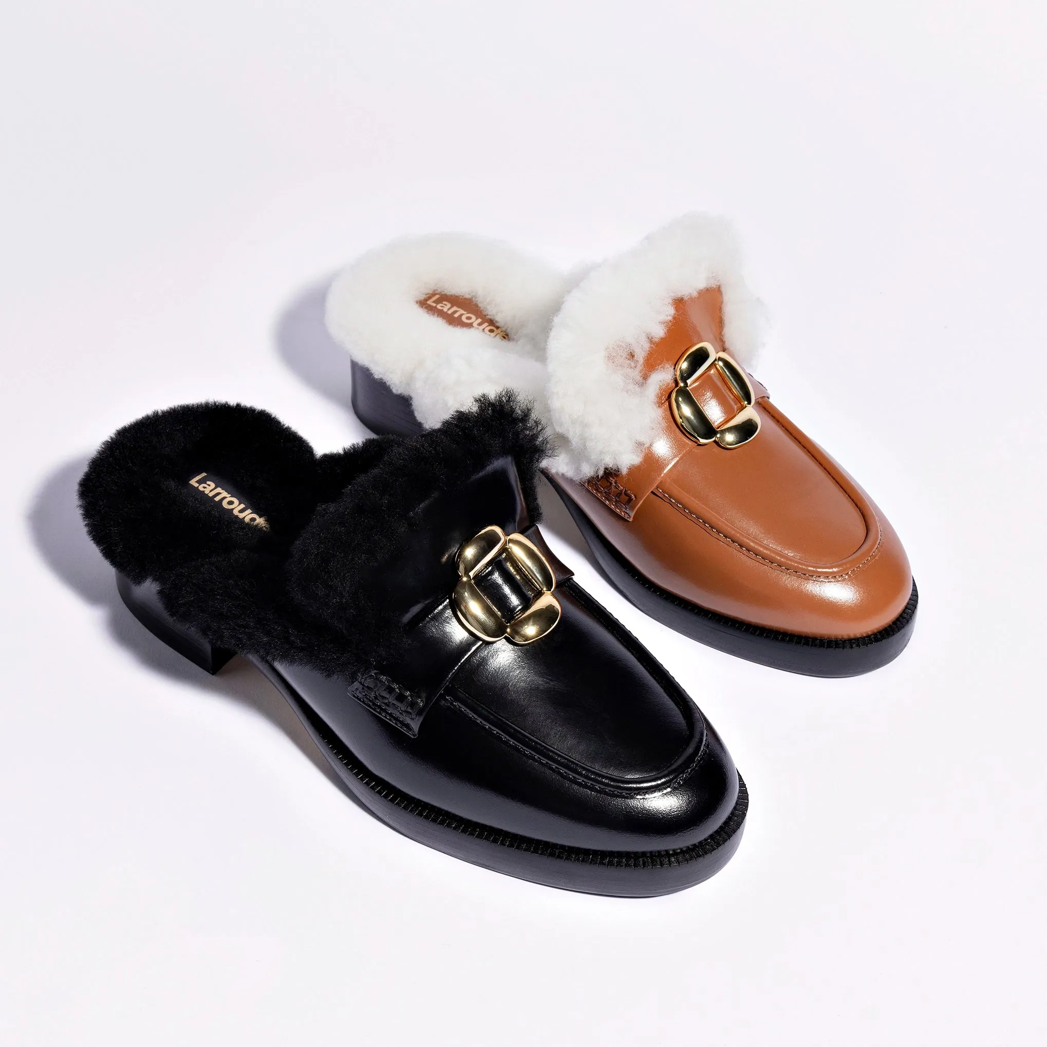 Bobbie Mule In Black Leather and Black Shearling