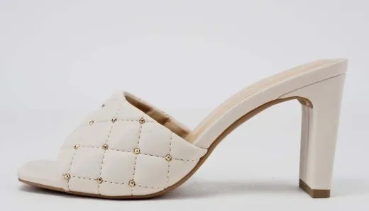 Bone Quilted Block Heel Metal Stud Mule with Square Toe