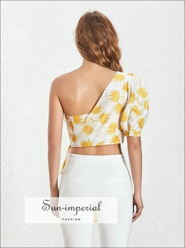 Brittany top in Sunrise - Casual Print Shirt for Women Puff Sleeve off Shoulder Irregular Crop top