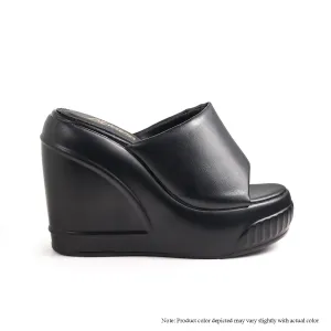 BROOK-2 PEEP TOE PADDED MULE WEDGE SANDAL - BLACK