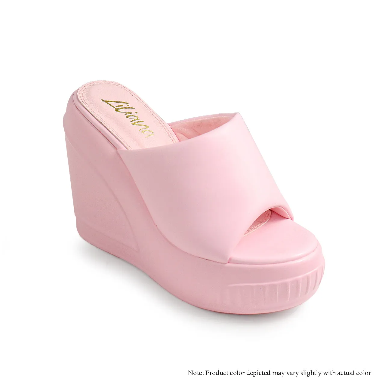 BROOK-2 PEEP TOE PADDED MULE WEDGE SANDAL - PINK