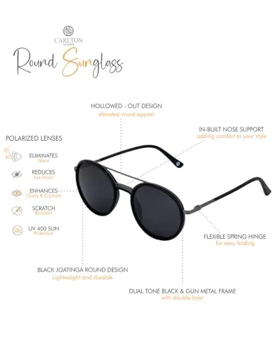 Carlton London Premium Black with Metallic Toned & Polarised Lens Round Sunglass for men