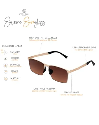 Carlton London Premium Rose Gold with Brown & Polarised Lens Square Sunglass for Unisex