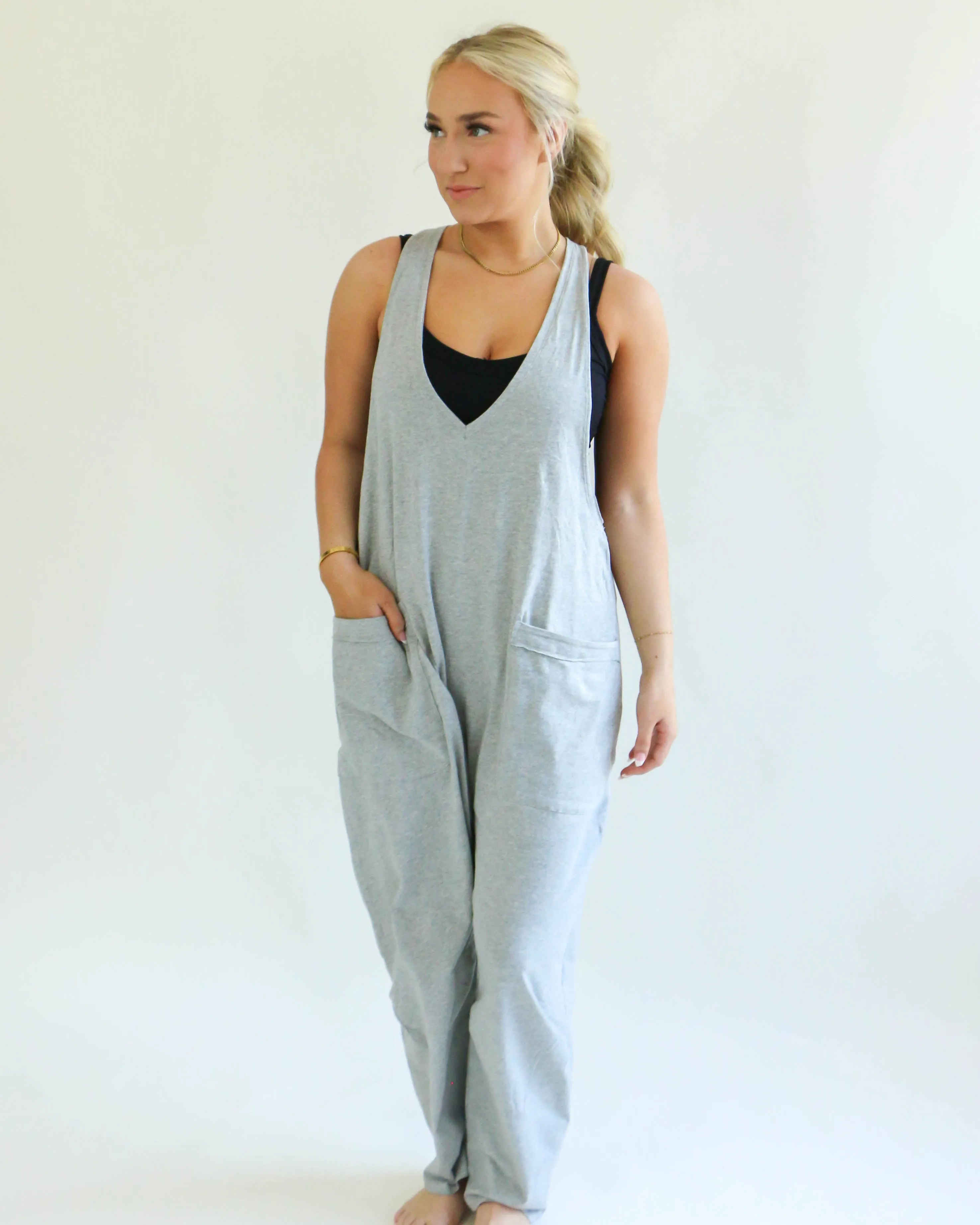 Casual Loose Fit Solid Knit Baggy Jumpsuit in Grey