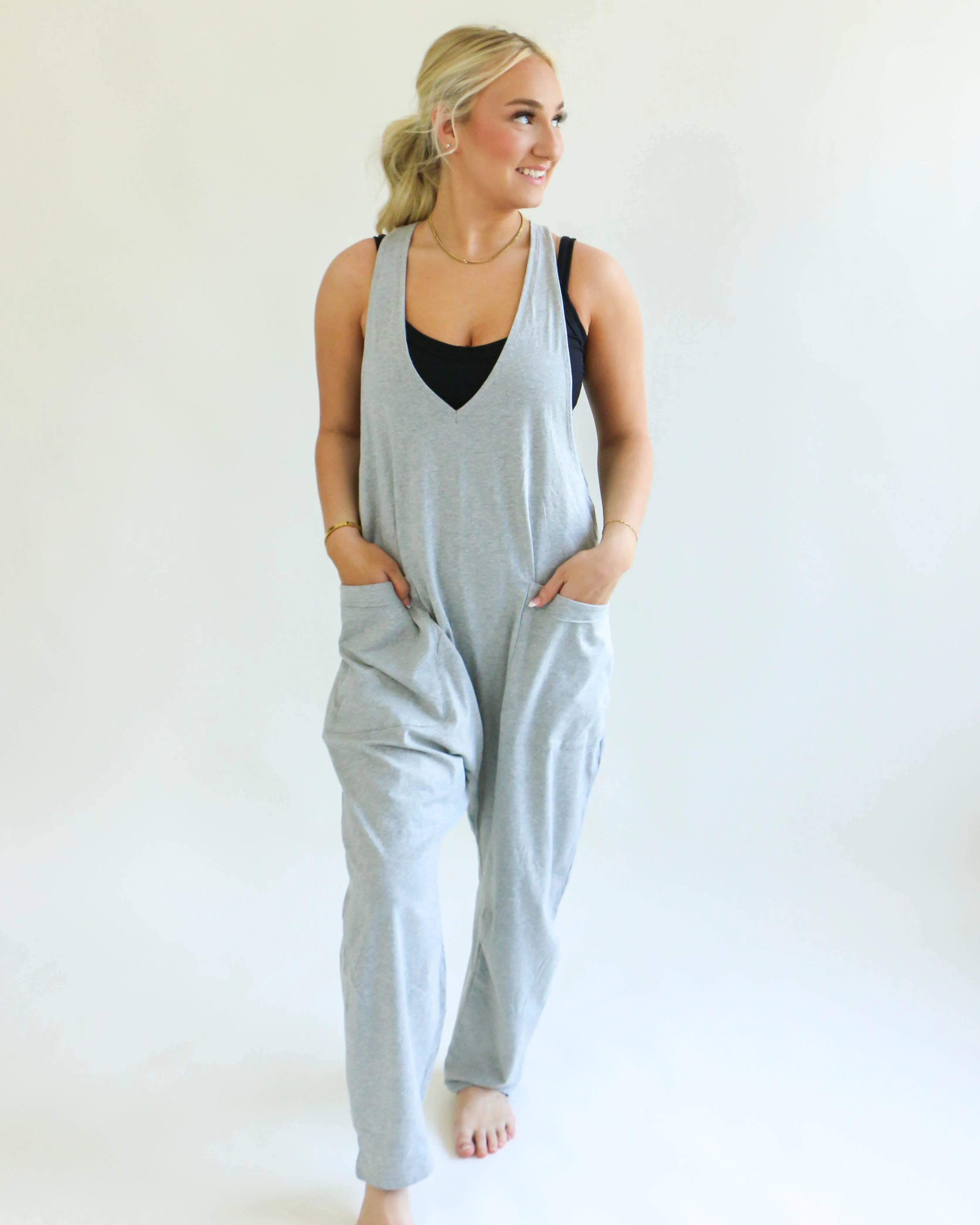 Casual Loose Fit Solid Knit Baggy Jumpsuit in Grey