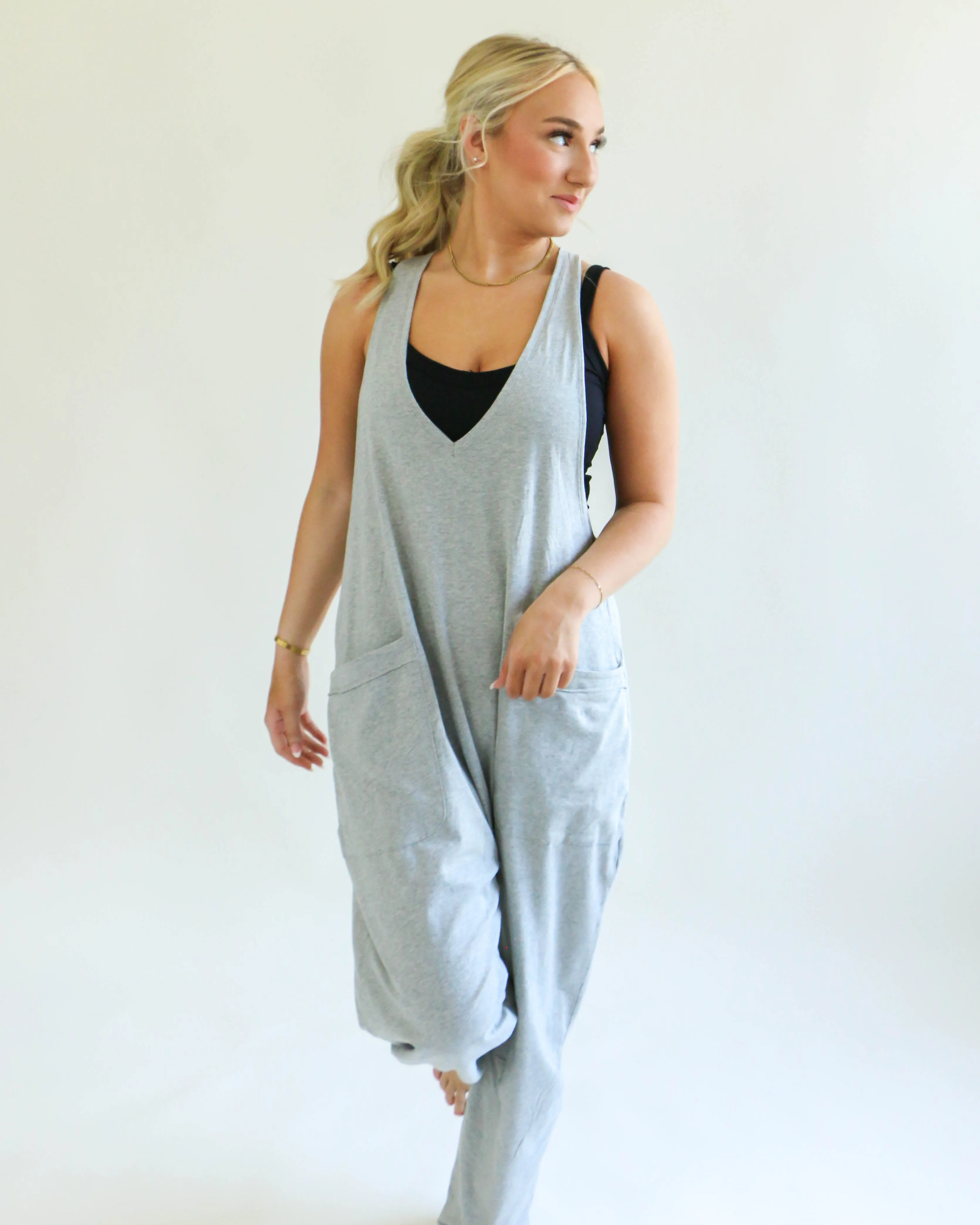 Casual Loose Fit Solid Knit Baggy Jumpsuit in Grey