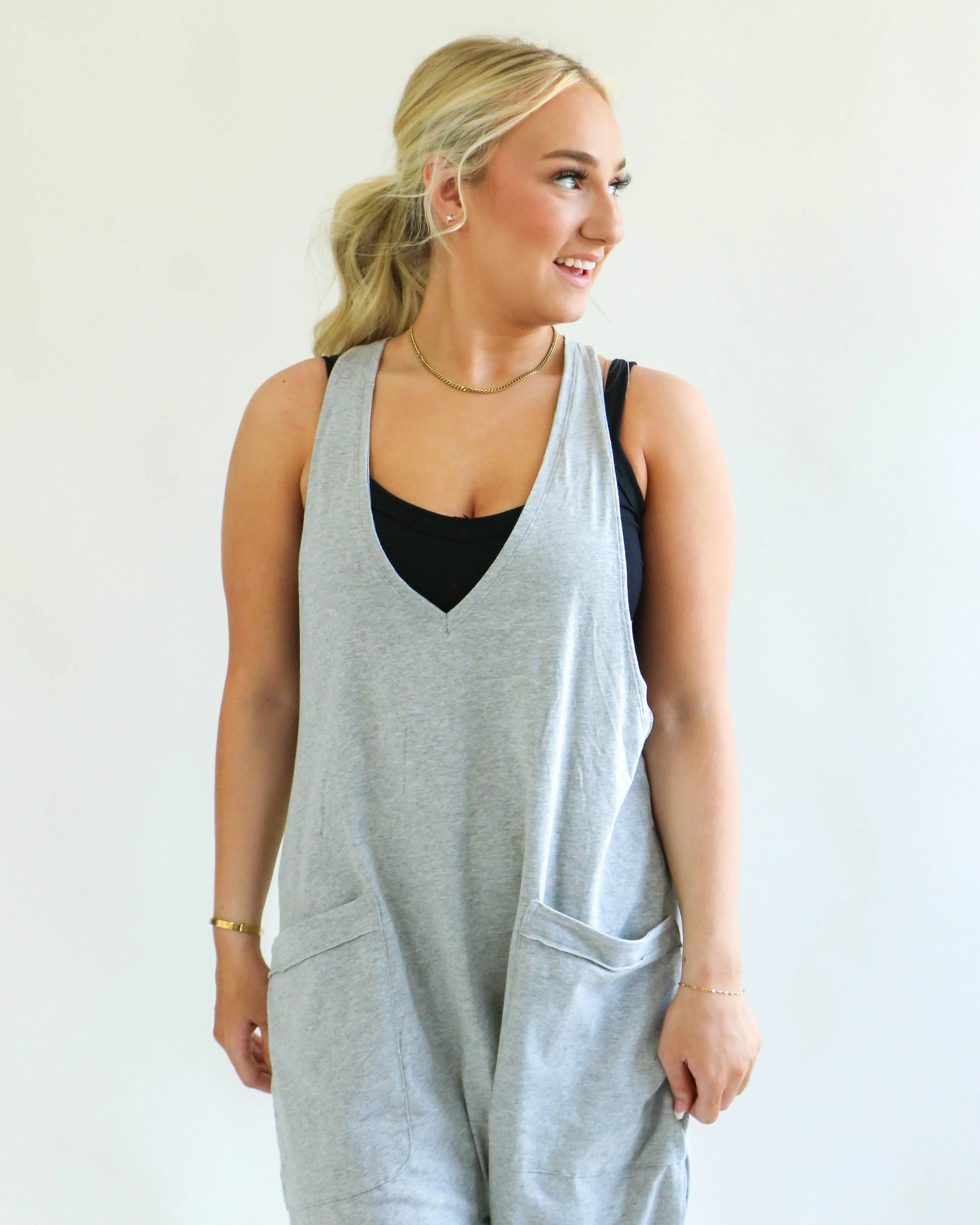 Casual Loose Fit Solid Knit Baggy Jumpsuit in Grey