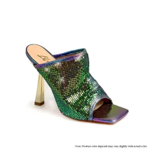 CHLOE-6 DRAPERY EFFECT CHAINMAIL MULE HEEL - RAINBOW