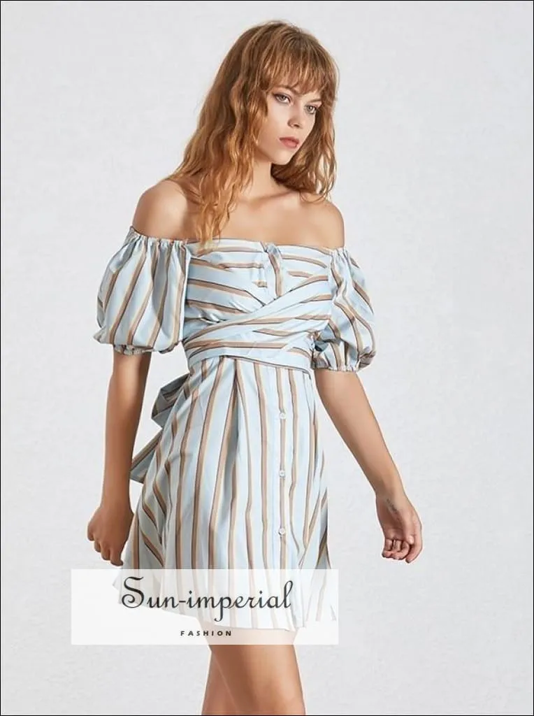 Cybil Dress - Casual Striped Dress for Women Asymmetrical Collar Half Sleeve High Waist Hit Color