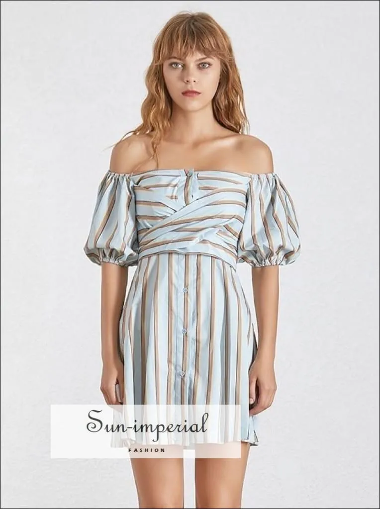 Cybil Dress - Casual Striped Dress for Women Asymmetrical Collar Half Sleeve High Waist Hit Color