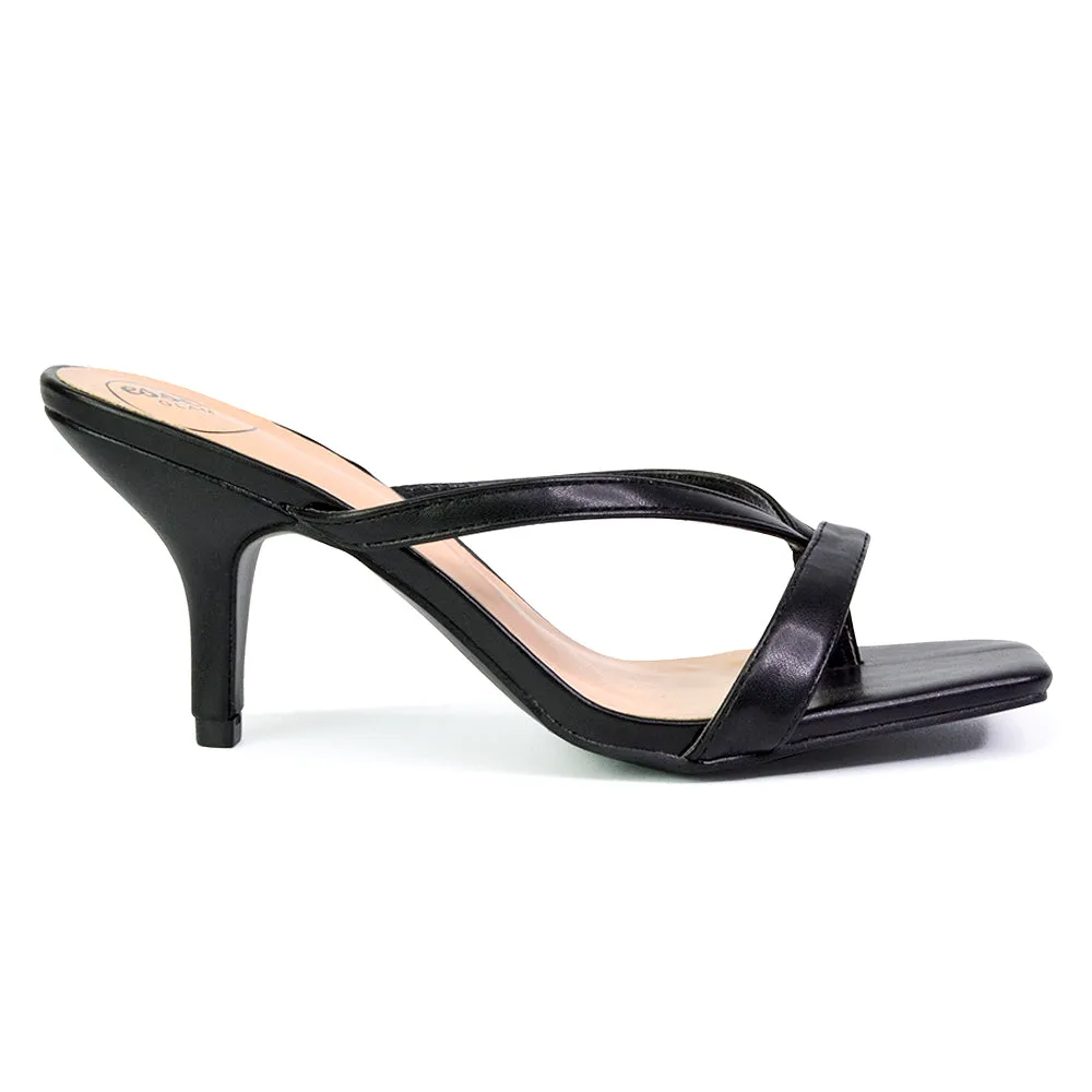 Daria Square Toe Post Strappy Slip on Low Mule Heel Sandals in Black