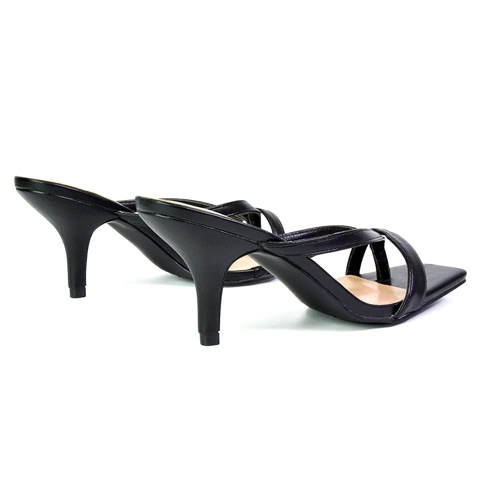 Daria Square Toe Post Strappy Slip on Low Mule Heel Sandals in Black