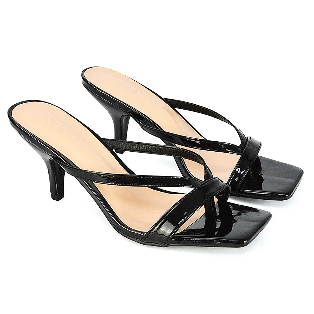 Daria Square Toe Post Strappy Slip on Low Mule Heel Sandals in Black