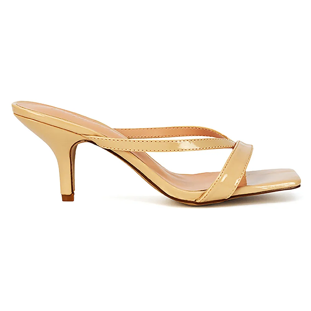 Daria Square Toe Post Strappy Slip on Low Mule Heel Sandals in Nude Patent