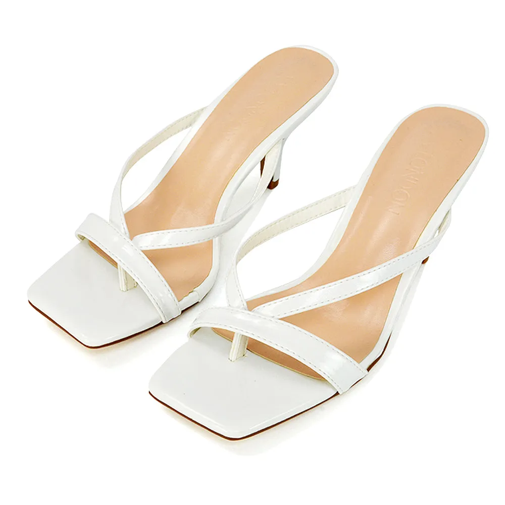 Daria Square Toe Post Strappy Slip on Low Mule Heel Sandals in Nude Patent