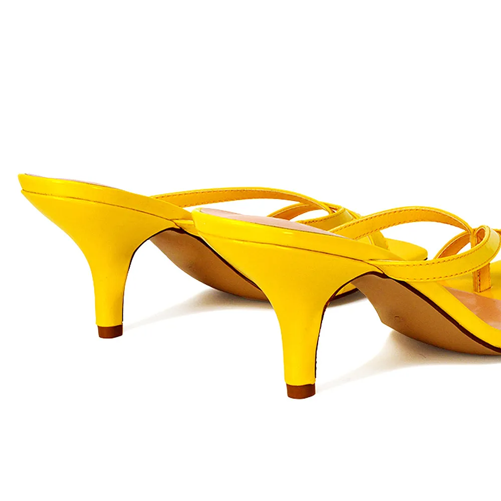 Daria Square Toe Post Strappy Slip on Low Mule Heel Sandals in Yellow Patent