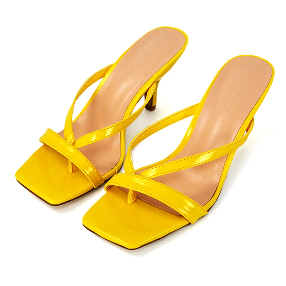 Daria Square Toe Post Strappy Slip on Low Mule Heel Sandals in Yellow Patent